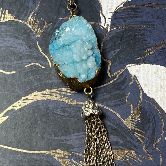 Estate Blue Dyed Quartz Pendant and Gold Tassel Chain Necklace D3 - Picture 1 of 9